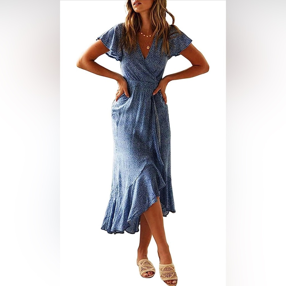 NWT | Zesica | Bohemian Floral Printed Wrap Midi Dress in Blue | Large
